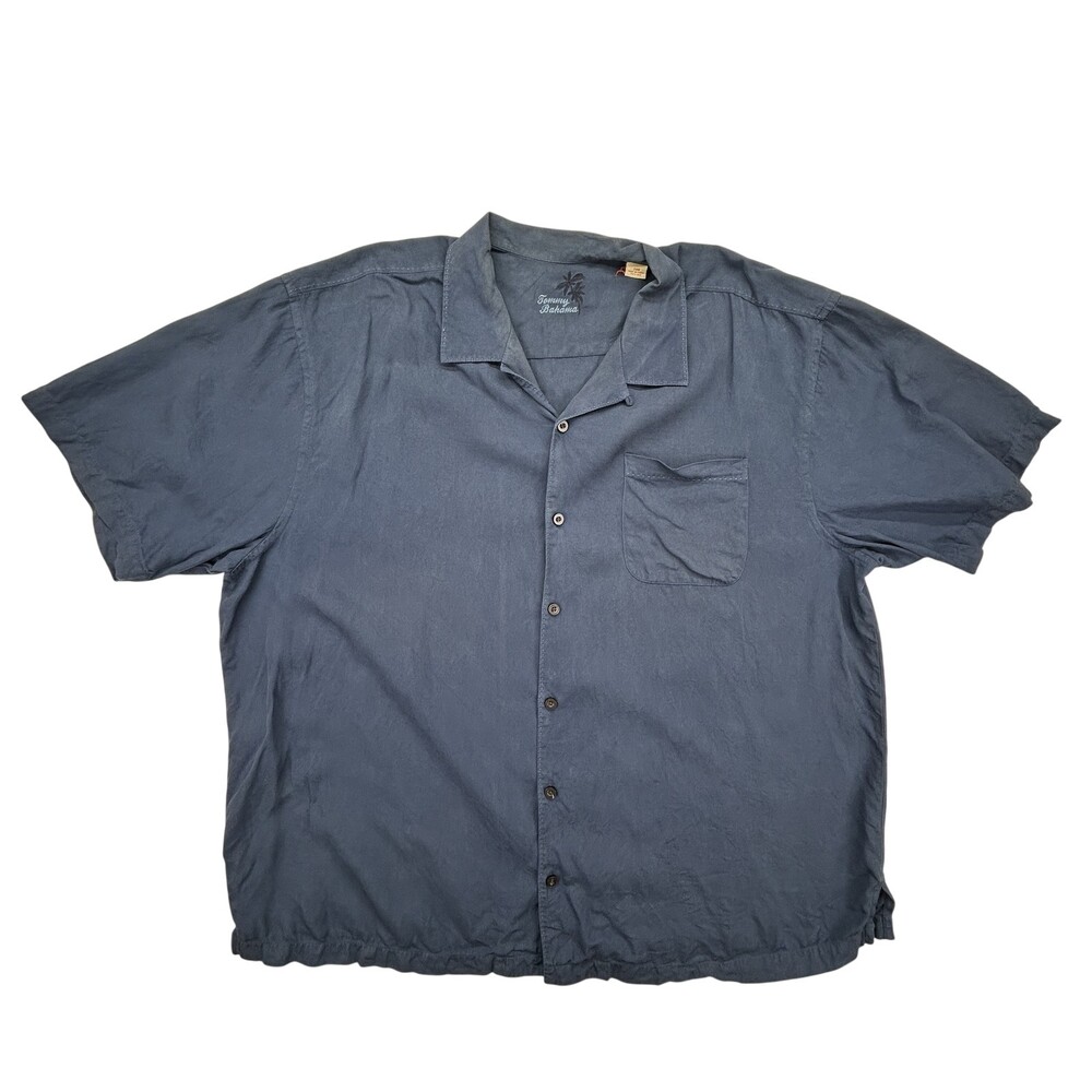 Tommy Bahama Shirt Mens 2XB Short Sleeve Button Front 100% Silk Blue Camp Pocket
